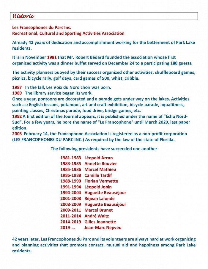 Park Lake historic Association Les Francophones du Parc Inc.
