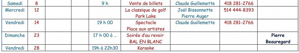 Calendrier des évènements