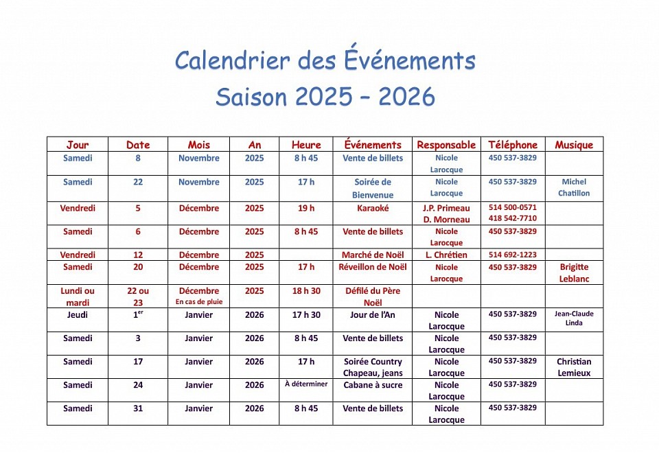 Calendrier des évenements