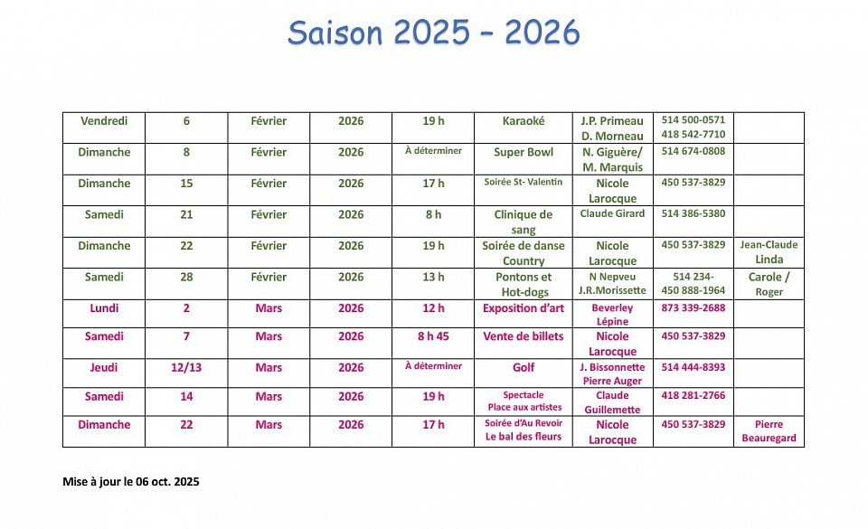 Calendrier des évenements