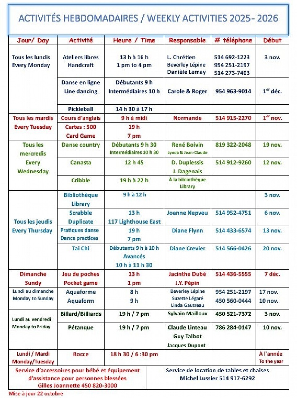 Activités hebdomadaires