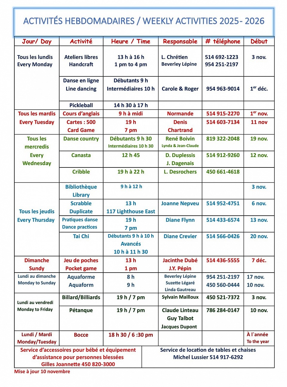 Activités hebdomadaires