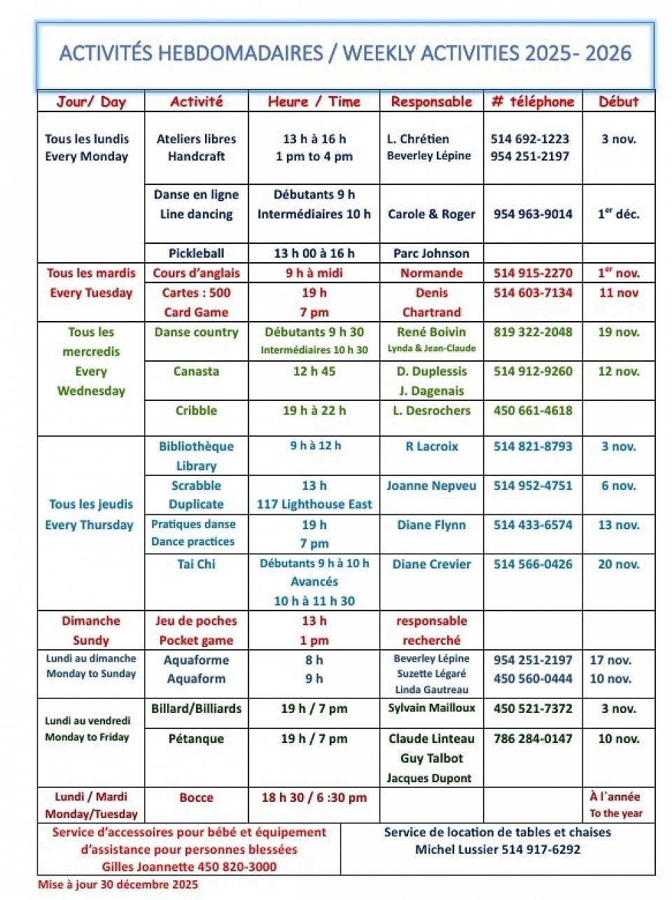 Activités hebdomadaires