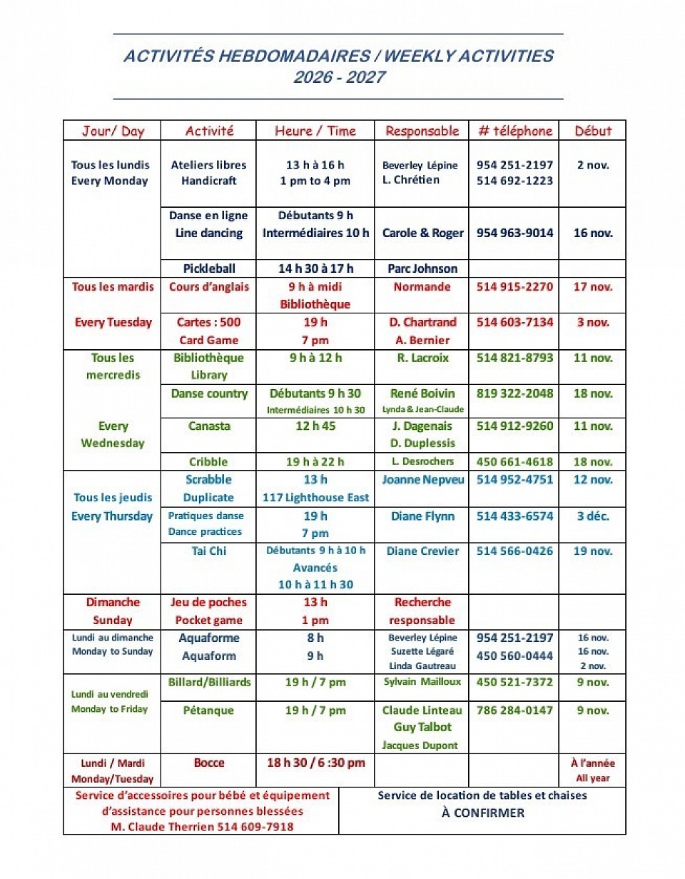 Activités hebdomadaire